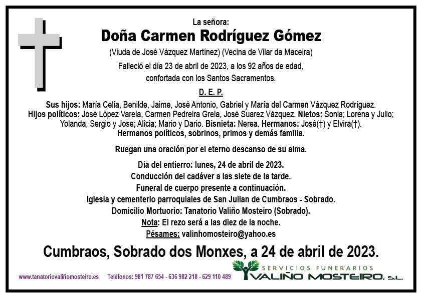 Esquela de Carmen Rodríguez Gómez.