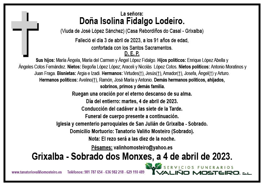 Esquela de Isolina Fidalgo Lodeiro.