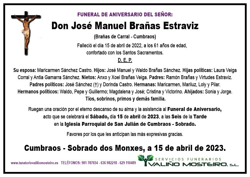 Esquela de José Manuel Brañas Estraviz.