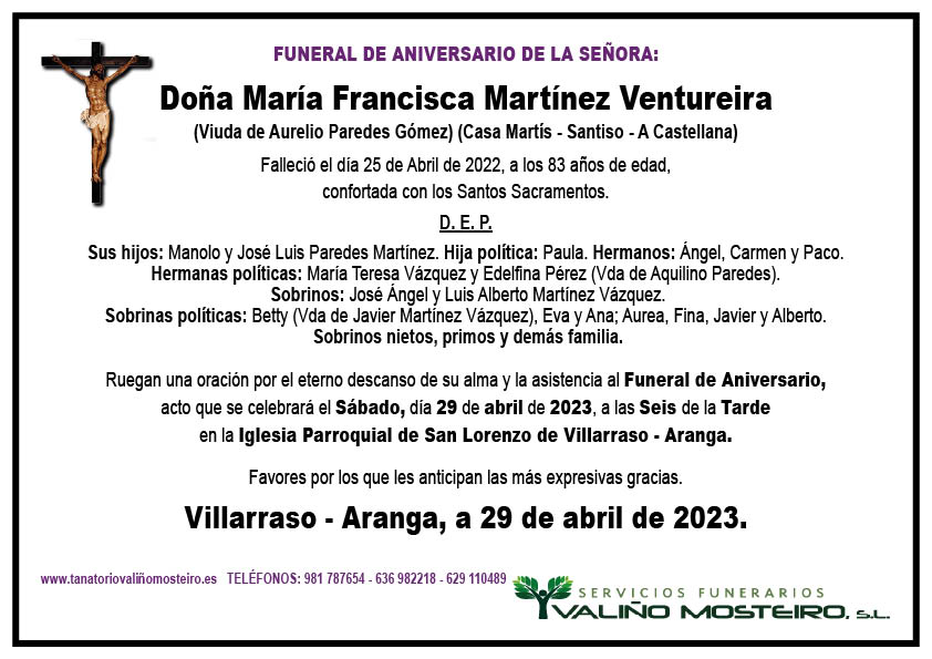 Esquela de María Francisca Martínez Ventureira.