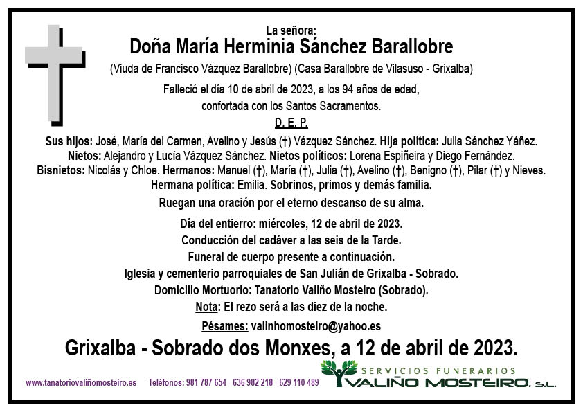 Esquela de María Herminia Sánchez Barallobre.