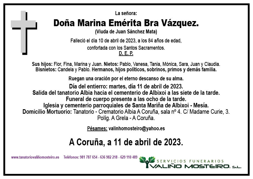 Esquela de Marina Emérita Bra Vázquez.