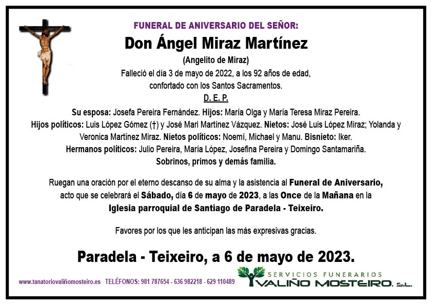 Esquela de Ángel Miraz Martínez.