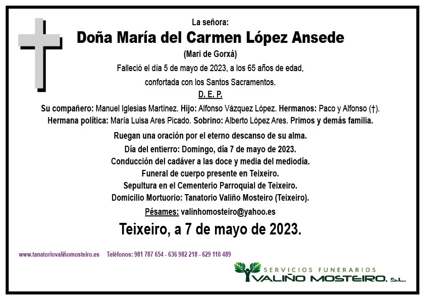 Esquela de María del Carmen López Ansede.