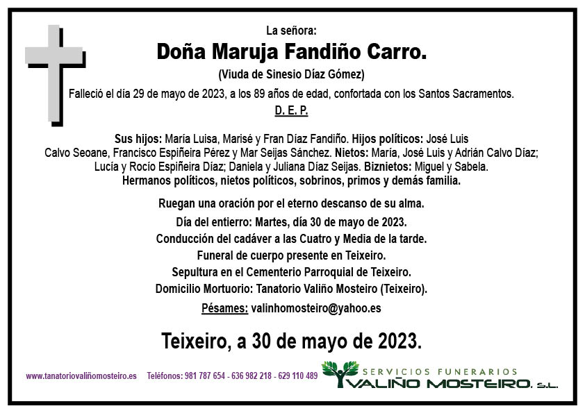 Esquela de Maruja Fandiño Carro.