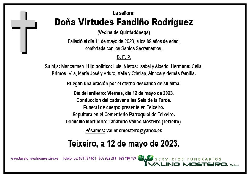 Esquela de Virtudes Fandiño Rodríguez.