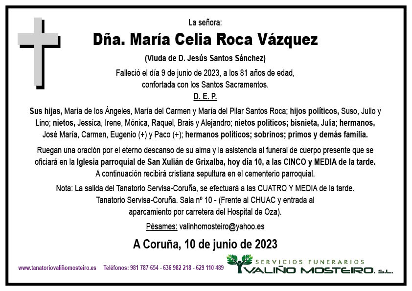 Esquela de María Celia Roca Vázquez.