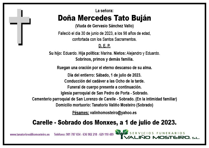 Esquela de Mercedes Tato Buján.