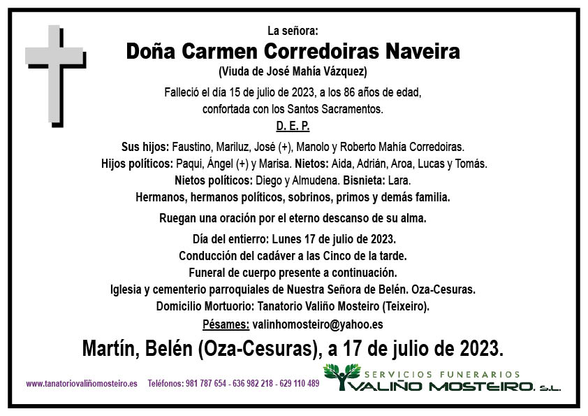 Esquela de Carmen Corredoiras Naveira.