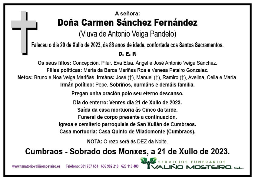 Esquela de Carmen Sánchez Fernández.