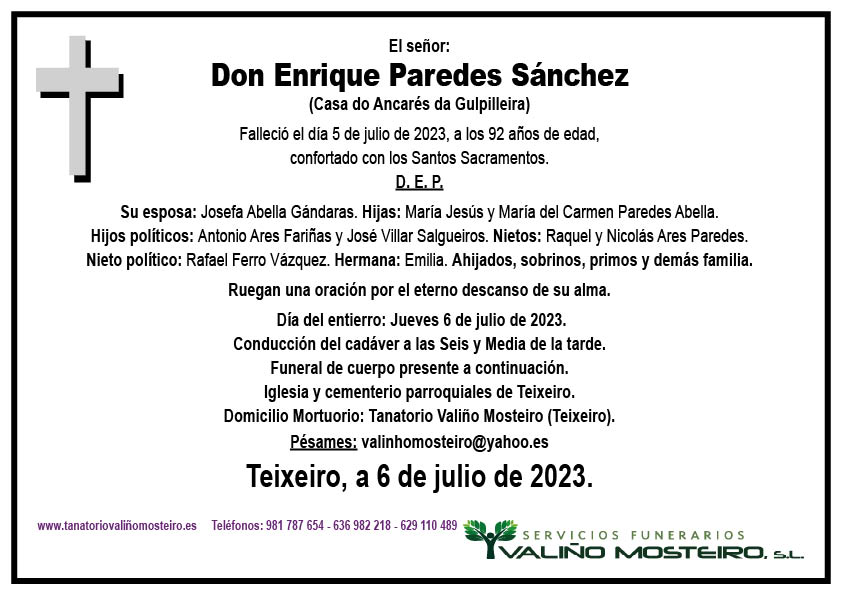 Esquela de Enrique Paredes Sánchez.