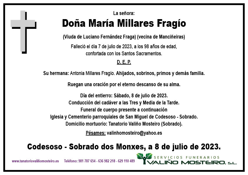 Esquela de María Millares Fragío.