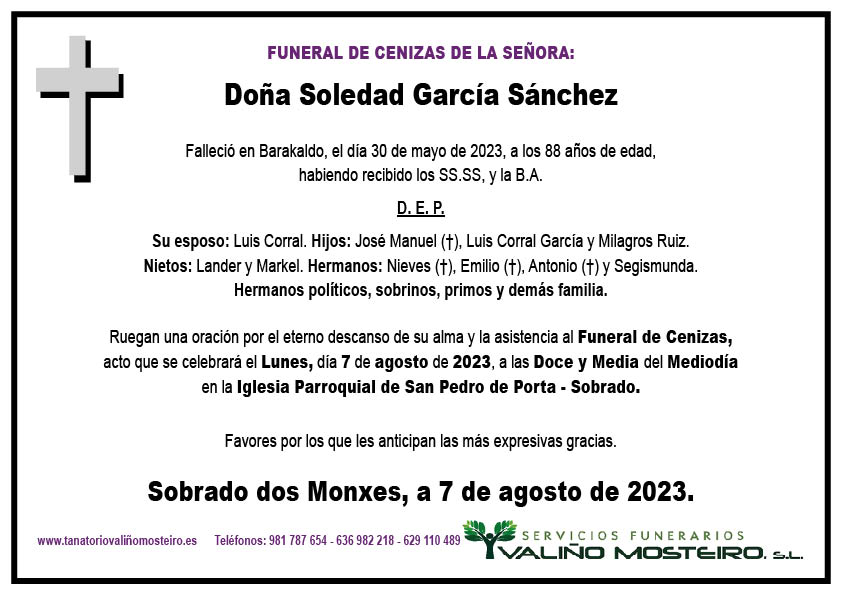 Esquela de Soledad García Sánchez.