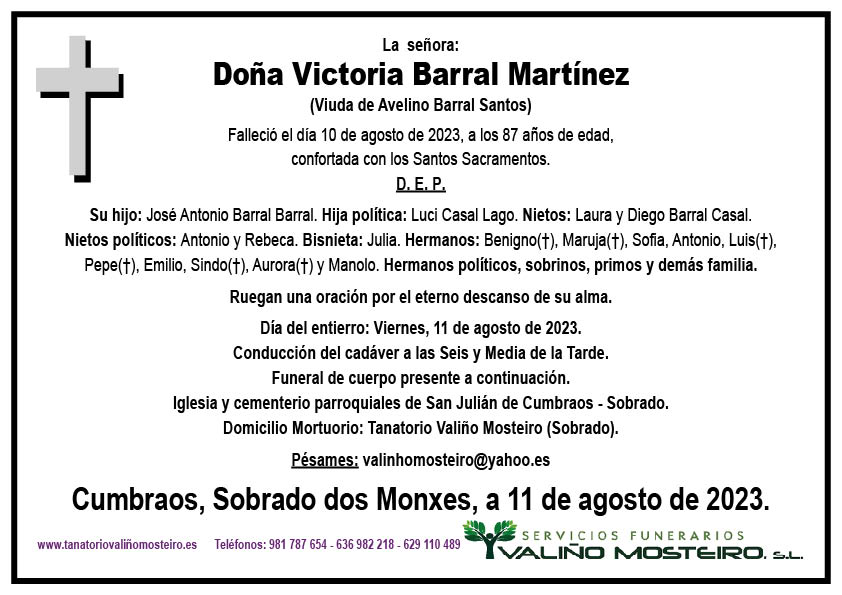 Esquela de Victoria Barral Martínez.