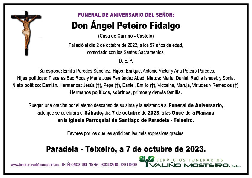 Esquela de Ángel Peteiro Fidalgo.