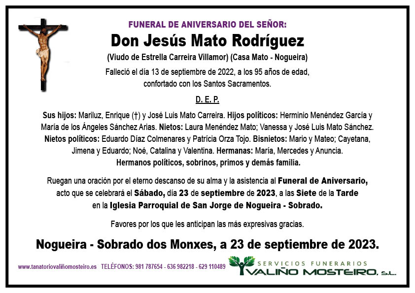 Esquela de Jesús Mato Rodríguez.