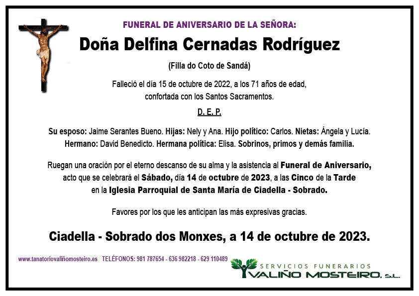 Esquela de Delfina Cernadas Rodríguez.