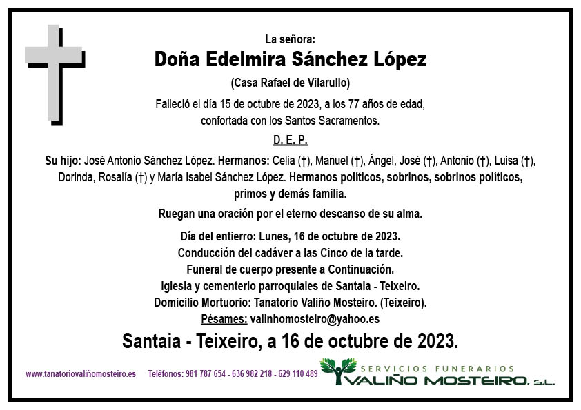 Esquela de Edelmira Sánchez López.