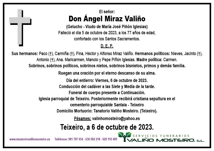 Esquela de Ángel Miraz Valiño.