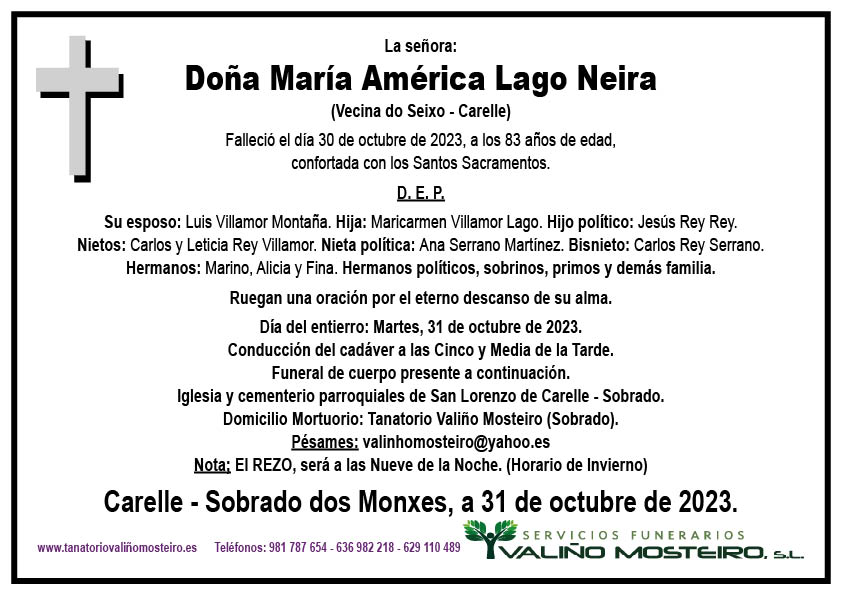 Esquela de María América Lago Neira.