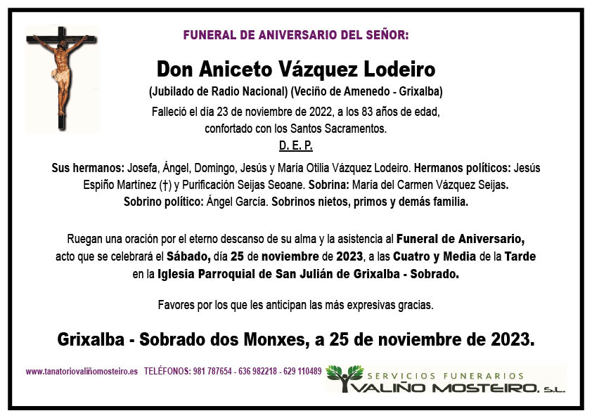 Esquela de Aniceto Vázquez Lodeiro.