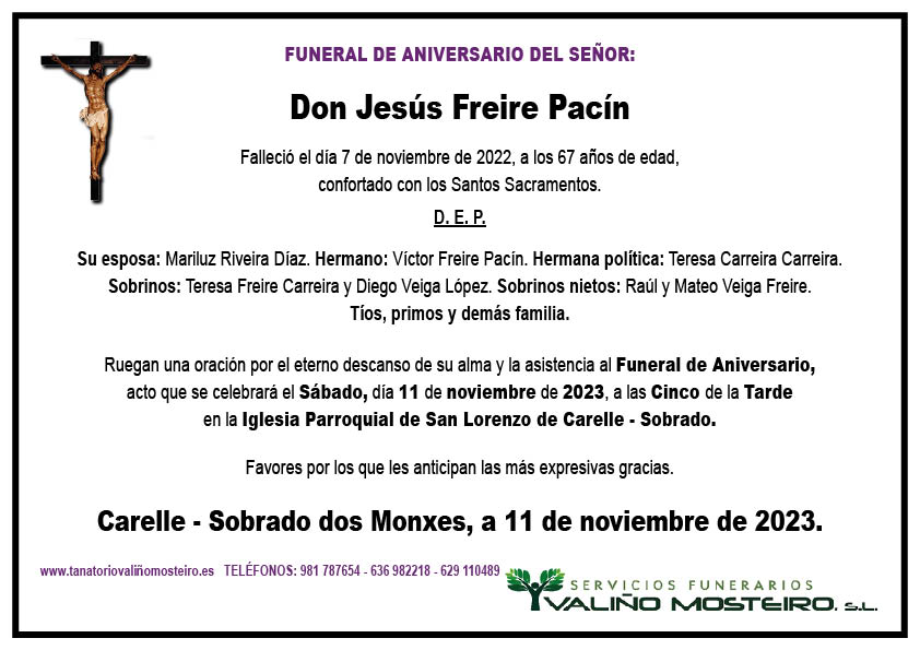 Esquela de Jesús Freire Pacín