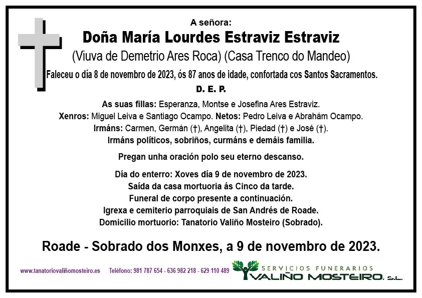 Esquela de María Lourdes Estraviz Estraviz.