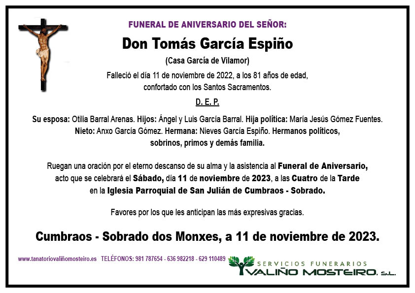 Esquela de Tomás García Espiño