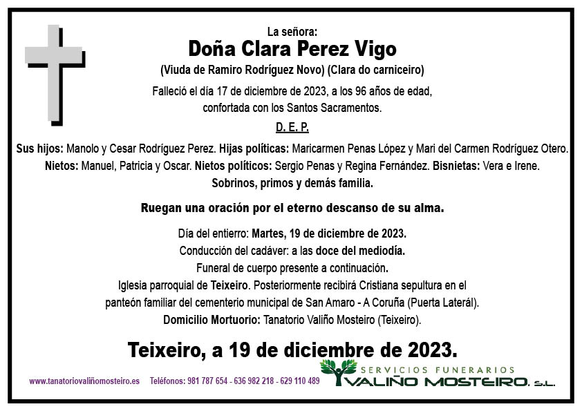 Esquela de Clara Pérez Vigo.