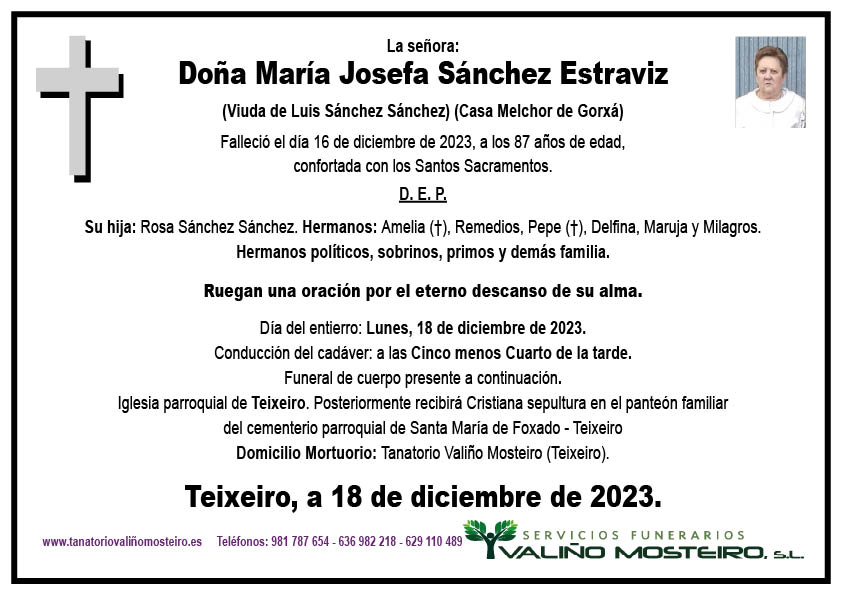 Esquela de María Josefa Sánchez Estraviz.