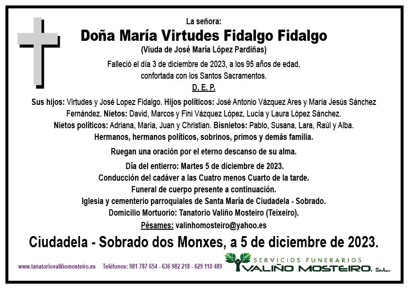 Esquela de María Virtudes Fidalgo Fidalgo.