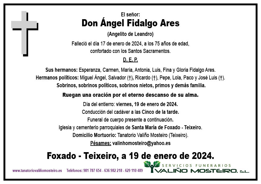 Esquela de Ángel Fidalgo Ares.