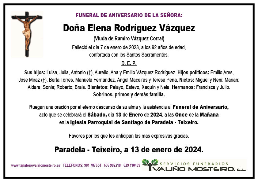 Esquela de Elena Rodríguez Vázquez.