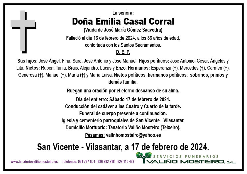 Esquela de Emilia Casal Corral.