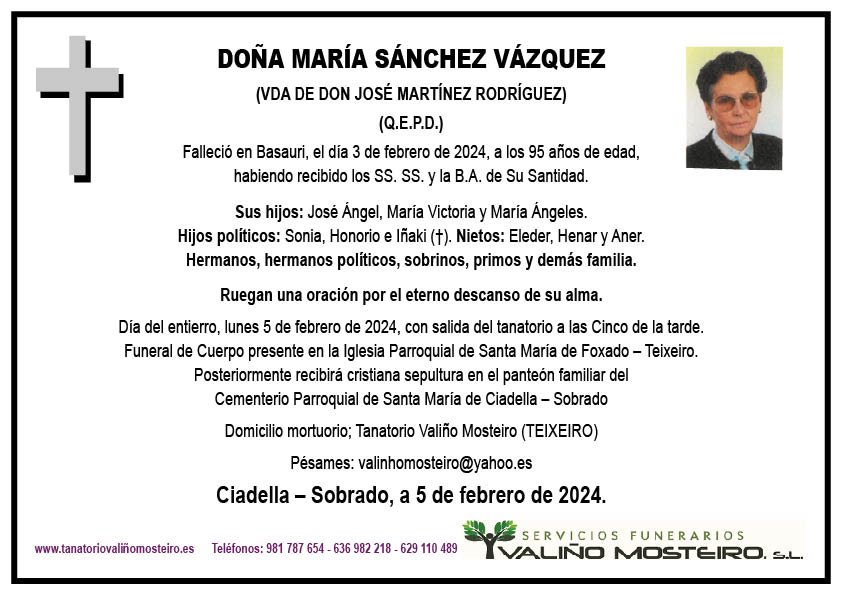 Esquela de María Sánchez Vázquez.