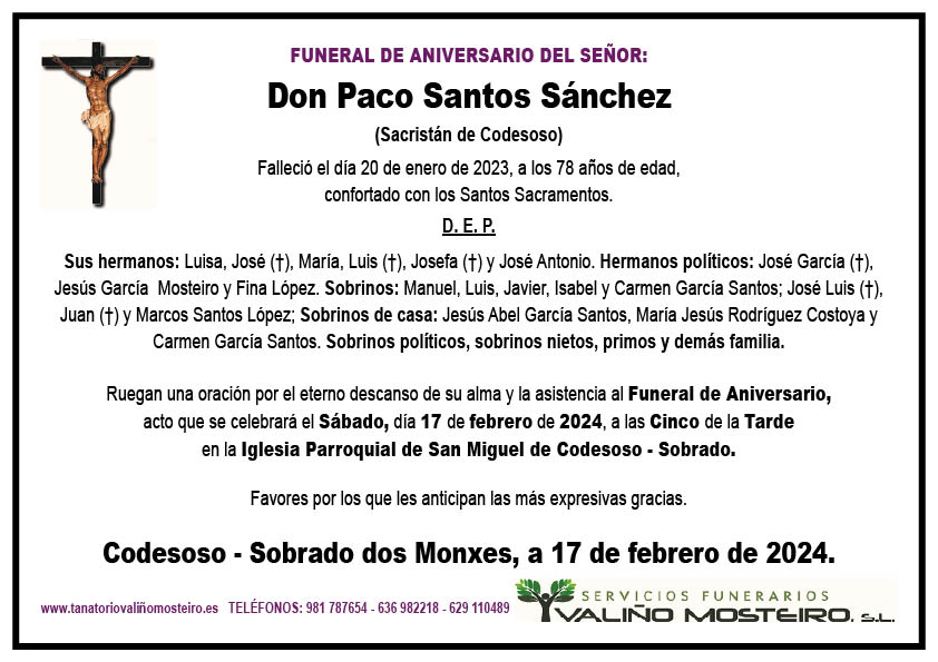 Esquela de Paco Santos Sánchez