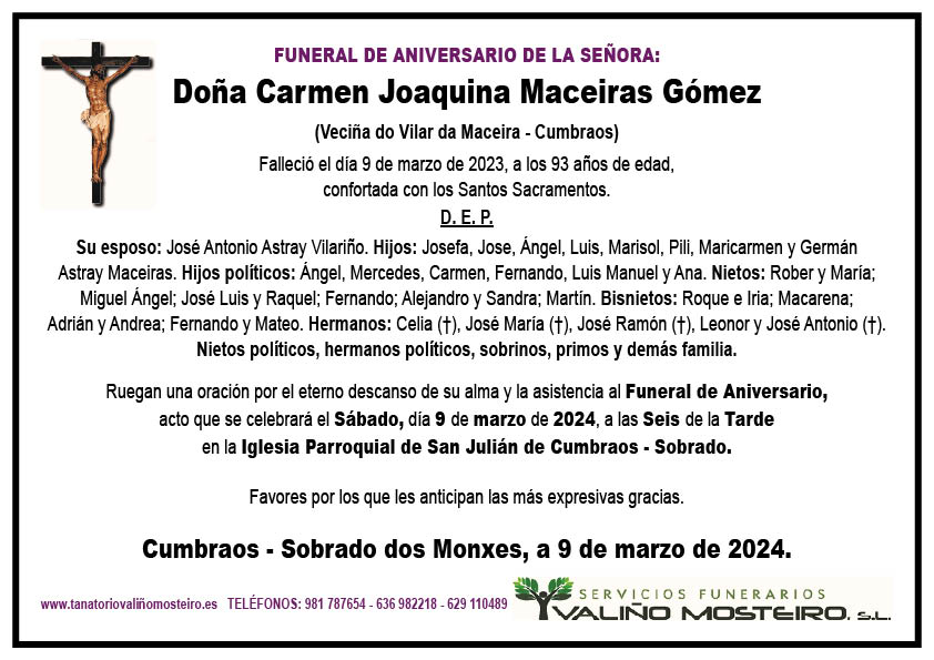 Esquela de Carmen Joaquina Maceiras Gómez.