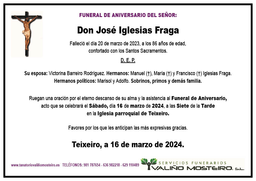 Esquela de José Iglesias Fraga.