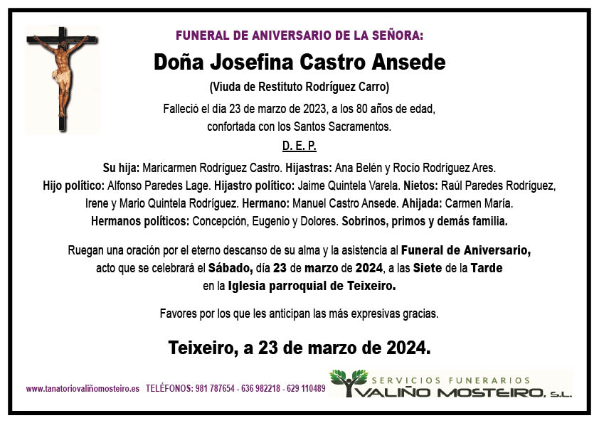 Esquela de Josefina Castro Ansede.