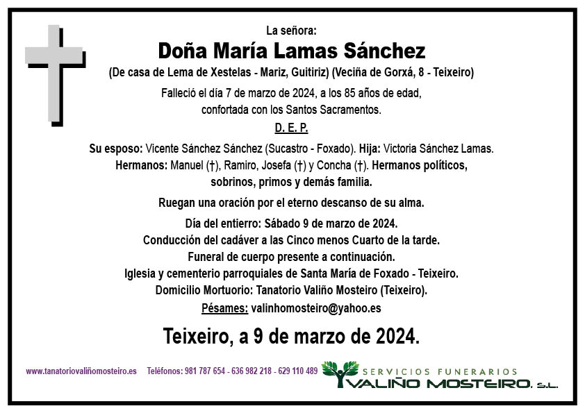 Esquela de María Lamas Sánchez.