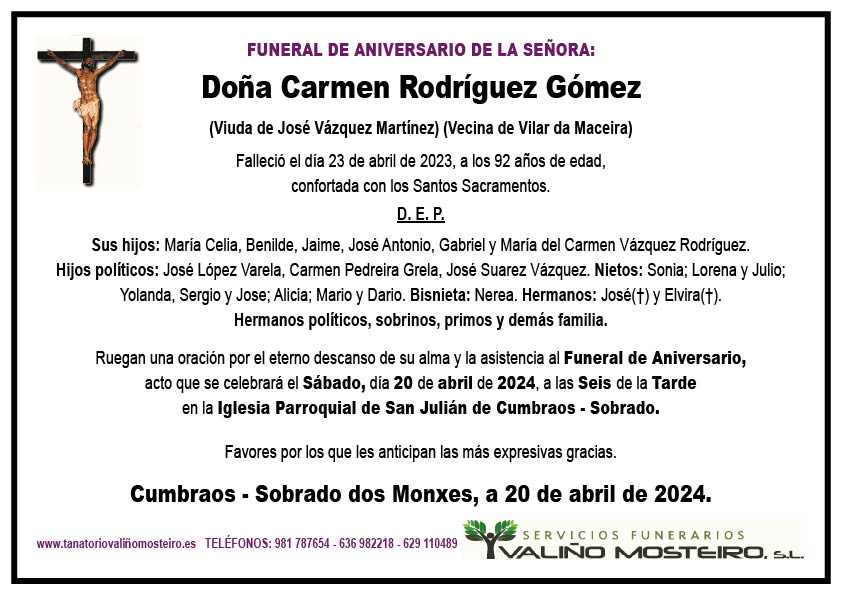 Esquela de Carmen Rodríguez Gómez.