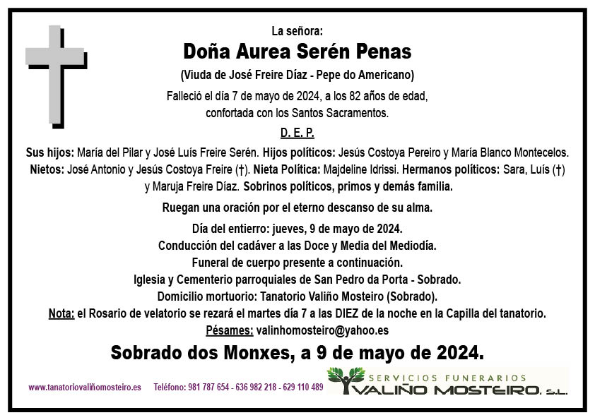 Esquela de Aurea Serén Penas.