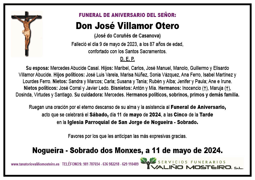 Esquela de José Villamor Otero