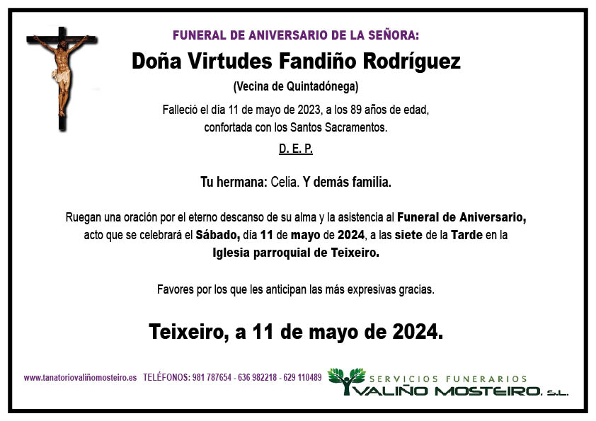 Esquela de Virtudes Fandiño Rodríguez.