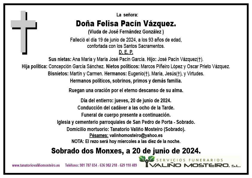 Esquela de Felisa Pacín Vázquez.