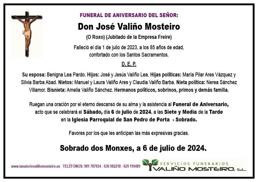 Esquela de José Valiño Mosteiro.