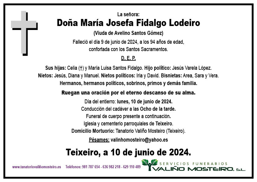 Esquela de María Josefa Fidalgo Lodeiro.