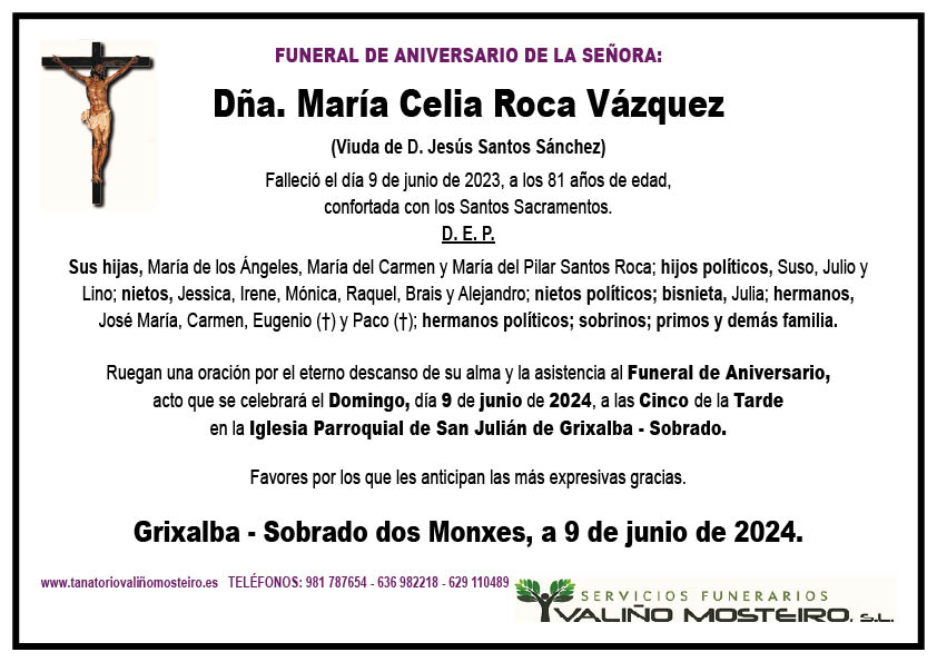 Esquela de María Celia Roca Vázquez.