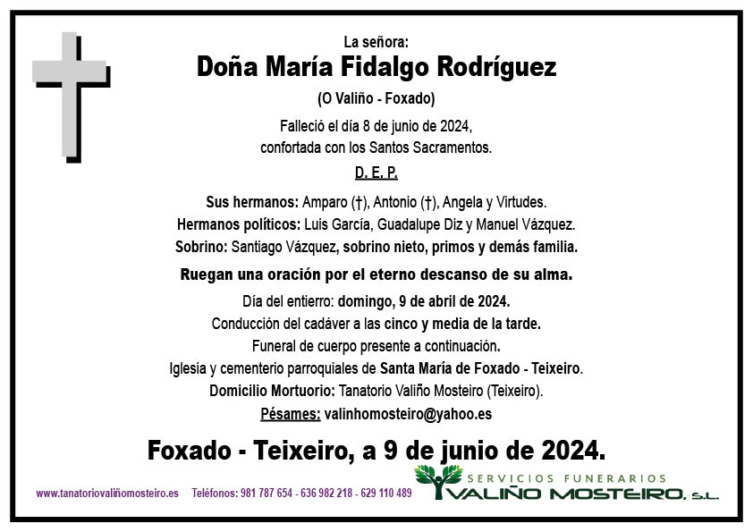 Esquela de María Fidalgo Rodríguez.