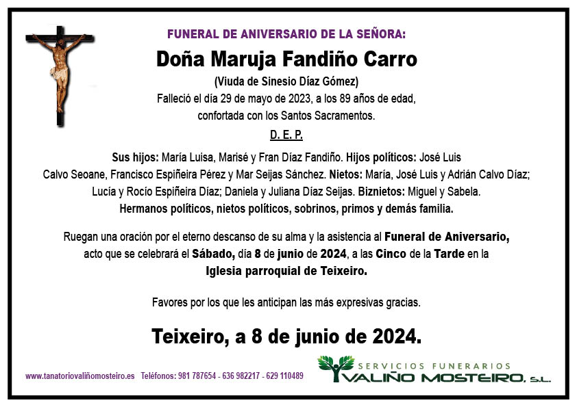 Esquela de Maruja Fandiño Carro.